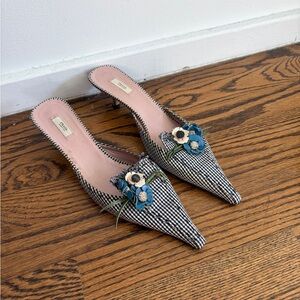Prada Black and White Gingham Kitten Heel Mules with Blue Floral Accent